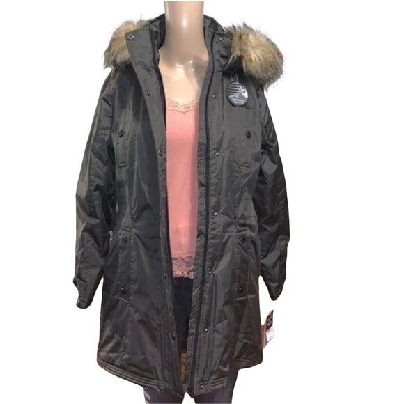Madden Girl Womens Coat Jacket Parka Long Hooded Faux Fur Trim Green Small - Picture 7 of 12